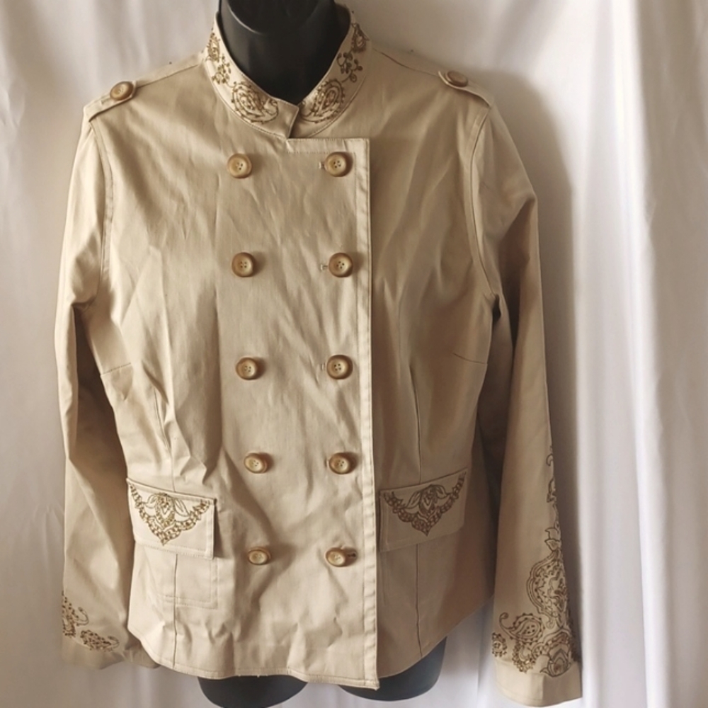 PURSUITS, Ltd Tan Military Style, beaded, embroidered blazer Size 12, vintage
